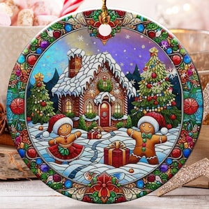 Gingerbread House Ornament, Christmas Ornament, Holiday Ornament, Stained Glass Style Ornament, Gingerbread Couple Ornament, Cute Ornaments