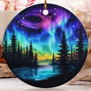 Christmas Tree Ornament, Hand Painted Holiday Decoration, Colorful Night Sky Scene, Unique Christmas Gift, Winter Wonderland