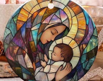 聖母マリアとイエスの聖像：ステンドグラス風クリスマスオーナメント