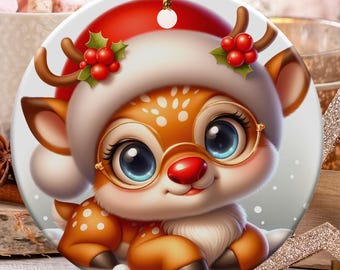 Cute Reindeer Ornament, Kawaii Christmas Decor, Adorable Fawn in Santa Hat, Baby Animal First Christmas Gift Holiday Decoration