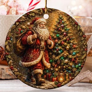 May include: A round ceramic Christmas ornament featuring a detailed illustration of Santa Claus in a red suit carrying a sack over his shoulder, standing next to a decorated Christmas tree. The ornament hangs from a thin gold string.