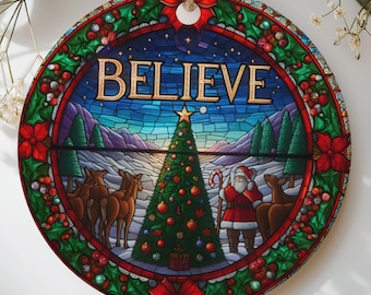 Believe Christmas Ornament, Faux Stained Glass Santa Holiday Keepsake, Nostalgic Xmas Tree Decor, Traditional Winter Holiday Gift for Family