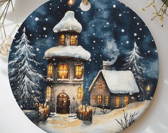 Winter Village Ornament, Cozy Watercolor Cottage Christmas Tree Decor, Snow Scene Holiday Gift, Whimsical Fairy Tale Church Tower Keepsake
