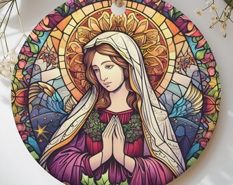 Stained Glass Virgin Mary Ornament, Blessed Mother Christmas Tree Decor, Religious Catholic Gift, Sacred Heart Faith Keepsake Holiday Decor