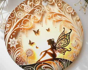 Enchanted Fairy Forest Ornament, Aesthetic Papercut Style Decor, Whimsical Woodland Girl Gift, Magical Fairy Tale Decoration