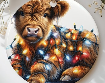 Highland Cow Christmas Ornament, Cute Baby Calf in String Lights Holiday Decor, Rustic Farmhouse Tree Hanging Bauble, Farm Animal Gift