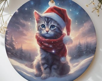 Santa Kitten Christmas Ornament, Cute Cat Holiday Decor, Winter Tabby Kitten Ornament, Pet Lover Gift, Cat Mom Holiday Stocking Stuffer