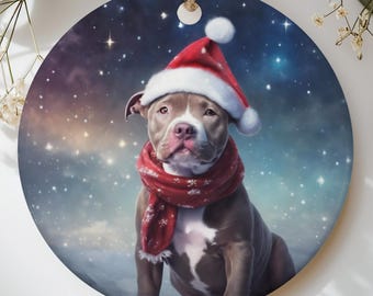 Pitbull Christmas Ornament, Festive Santa Hat Dog Holiday Decor, Cute Bully Breed Winter Keepsake Gift for Dog Mom and Pet Lovers