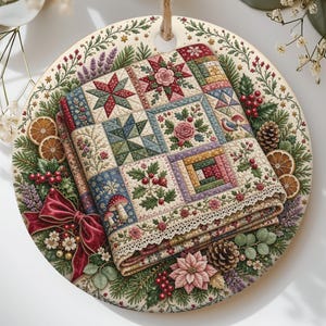 Könnte beinhalten: Ein rundes Keramikornament mit einem gefalteten Steppmuster aus Blumen-, Stern- und geometrischen Blöcken. Das Design ist von einem Kranz aus Tannenzweigen, roten Beeren, Tannenzapfen, getrockneten Orangenscheiben und einer großen roten Samtschleife umgeben.