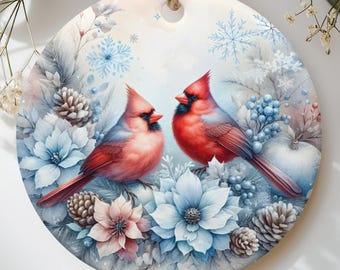 Cardinal Christmas Ornament, Winter Birds Tree Decor, Frosty Botanical Holiday Bauble, Red Cardinal Memorial Gift, Nature Lover Keepsake