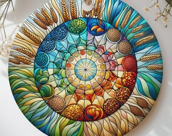Stained Glass Harvest Ornament, Wheel of the Year Mandala Keepsake, Pagan Nature Suncatcher Boho Cottagecore Autumn Tree Decor Gift