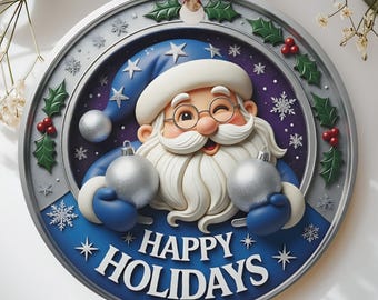 Happy Holidays Santa Claus Ornament, Whimsical Blue Christmas Tree Decor, Festive Holiday Gift for Family & Friends