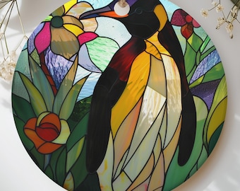 Stained Glass Penguin Ornament, Faux Glass King Penguin Christmas Tree Decor, Floral Bird Holiday Keepsake Gift for Animal Lover