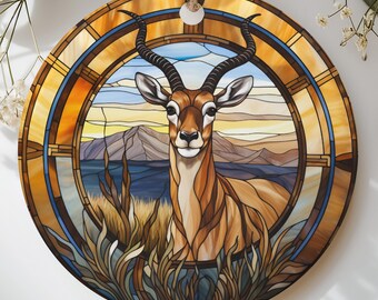 Stained Glass Gazelle Ornament, Safari Wildlife Animal Antelope Holiday Keepsake, Faux Stained Glass Suncatcher Christmas Tree Decor Gift