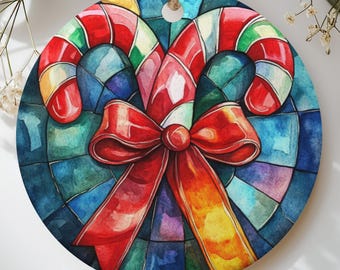 Stained Glass Candy Cane Ornament, Faux Glass Christmas Tree Decor, Watercolor Holiday Ribbon Bauble, Vintage Festive Xmas Gift