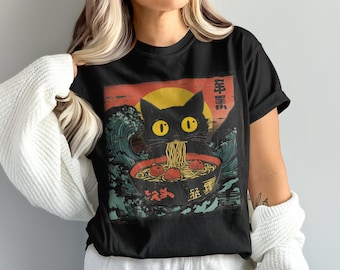 Comfort Colors Cute Cat Ramen Noodle T-Shirt, Japanese Anime Cat Graphic Tee, Funny Cat Lover Shirt, Ramen Bowl Cat T-Shirt, Kawaii Cat