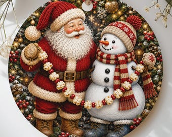 Santa and Snowman Christmas Ornament, Cute Knitted Look Holiday Tree Decor, Cozy Rustic Winter Keepsake Gift for Family and Friends
