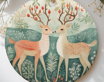 Woodland Deer Christmas Ornament, Folk Art Stags Holiday Tree Decor, Cottagecore Nature Lover Gift, Winter Botanical Couple Keepsake