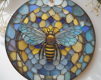 Stained Glass Bee Ornament, Honeybee Suncatcher Decor, Faux Stained Glass Honey Bee Charm, Beekeeper Gift, Nature Lover Holiday Ornament