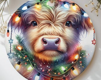 Highland Cow Christmas Ornament, Cute Fluffy Calf Holiday Tree Decor, Rustic Farmhouse Winter Animal Gift, Scottish Cow Xmas Keepsake