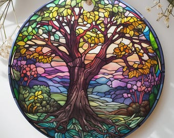 Stained Glass Tree of Life Ornament, Nature Sun Catcher Decor, Botanical Oak Tree Holiday Ornament, Spiritual Forest Housewarming Gift
