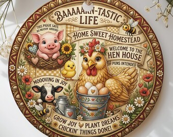 BAAAAARN-TASTIC Life Farm Animal Homestead Ornament, Rustic Home Decor, Whimsical Chicken Pig Cow Cute Gift Idea