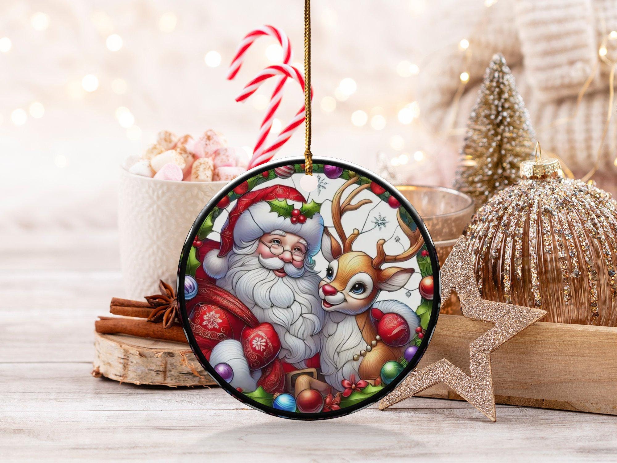 Christmas 2024 Ornament, Christmas Decoration, Holiday Gift Idea, Heirloom Keepsake, Round Ceramic, Gift Exchange, Gift Idea, Santa reindeer