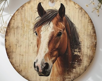 Rustiek paardenhoofdornament, landelijke paardendecoratie, cadeau voor dierenliefhebbers in westerse stijl, kerstornament met verweerde houtlook.