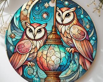 Stained Glass Owl Ornament, Faux Glass Celestial Birds with Lantern, Whimsigoth Holiday Tree Hanging Decor, Unique Gift for Bird Lovers