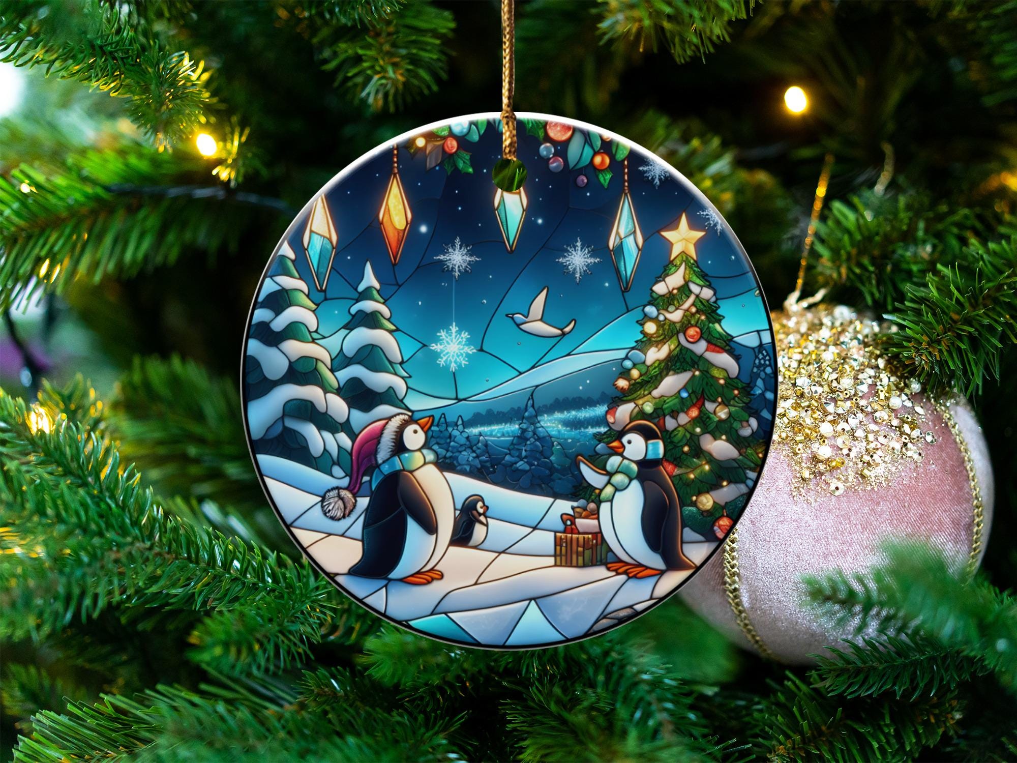 ペンギンのクリスマスオーナメント、冬の風景、ホリデーデコレーション