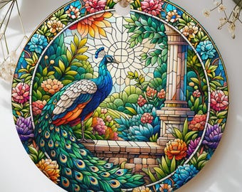 Stained Glass Peacock Ornament, Faux Glass Garden Suncatcher Decor, Art Nouveau Bird Christmas Ornament, Colorful Floral Holiday Keepsake