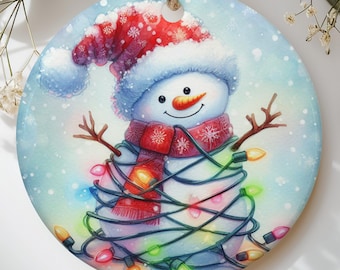 Cute Snowman Christmas Ornament with Colorful Lights, Festive Winter Wonderland Decor, Happy Holiday Tree Decoration Gift
