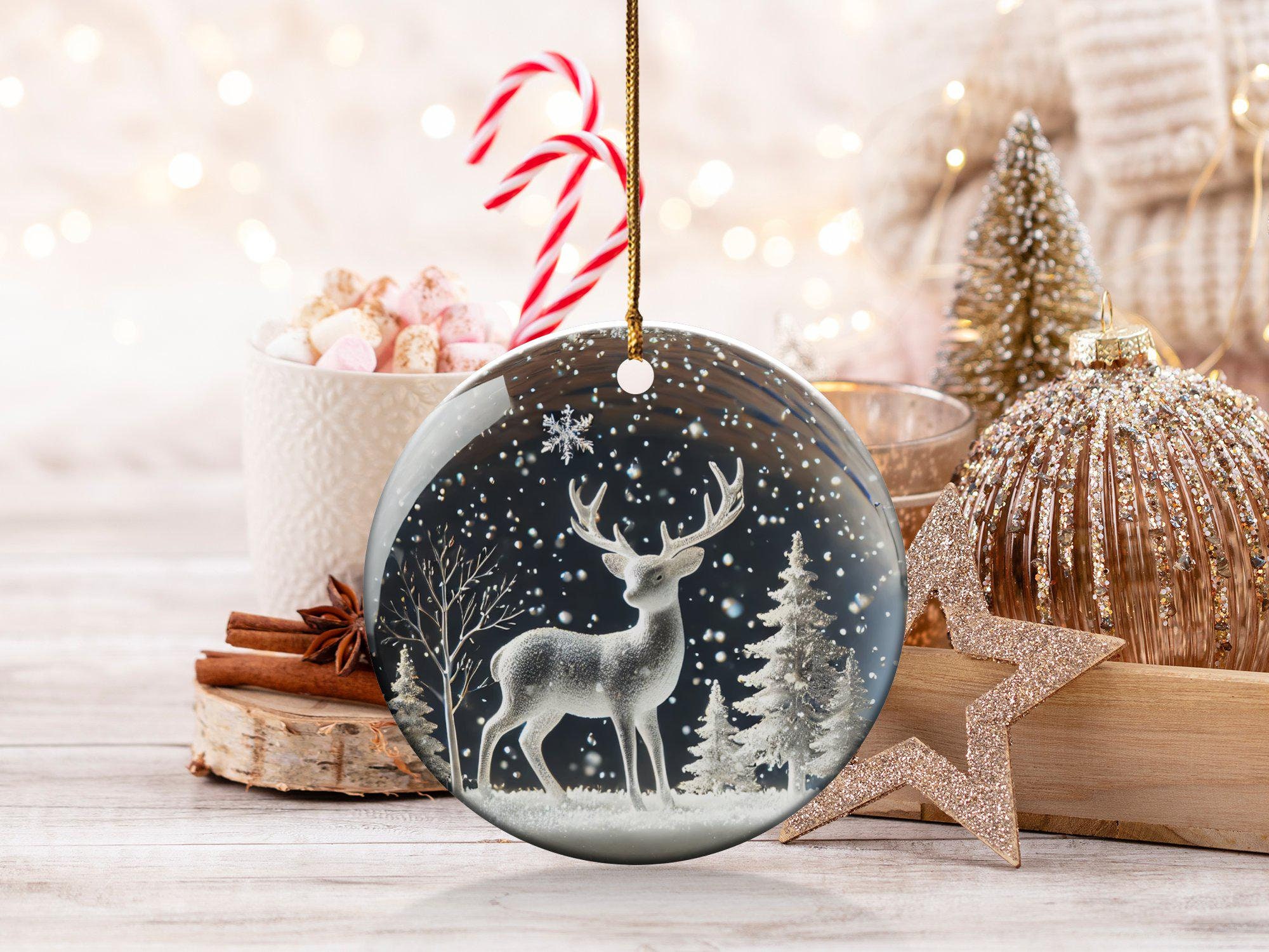 Elegant Snow Globe Deer and Forest Scene Ceramic Ornament, Winter