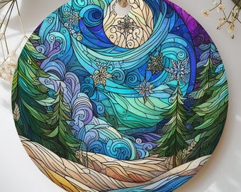 Stained Glass Winter Forest Ornament, Celestial Moon Pine Tree Christmas Tree Decor, Whimsical Starry Night Nature Lover Holiday Gift