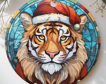 Christmas Tiger Ornament | Stained Glass Effect Holiday Decor | Unique Wildlife Animal Lover Gift | Festive Tree Art