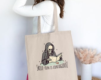 Borsa tote con scheletro gotico, tote umoristica scheletro-divertente, borsa da lettura spettrale, tote a tema Halloween, fantastico scheletro in tote con cappuccio, tote con citazione divertente