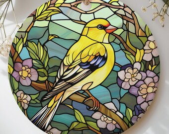 Stained Glass Bird Ornament, Yellow Goldfinch Christmas Tree Decor, Floral Songbird Suncatcher Gift for Bird Lover, Nature Garden Keepsake