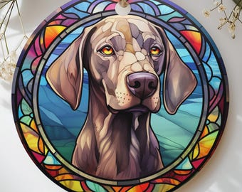 Weimaraner Ornament, Stained Glass Dog Christmas Tree Decor, Grey Ghost Pet Memorial Gift, Faux Suncatcher Round Keepsake for Dog Mom Dad