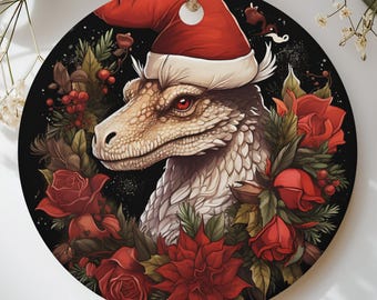 Dinosaur Christmas Ornament, Velociraptor Santa Hat Xmas Decor, Gothic Floral Dino Tree Hanging Keepsake, Gift for Paleontologist