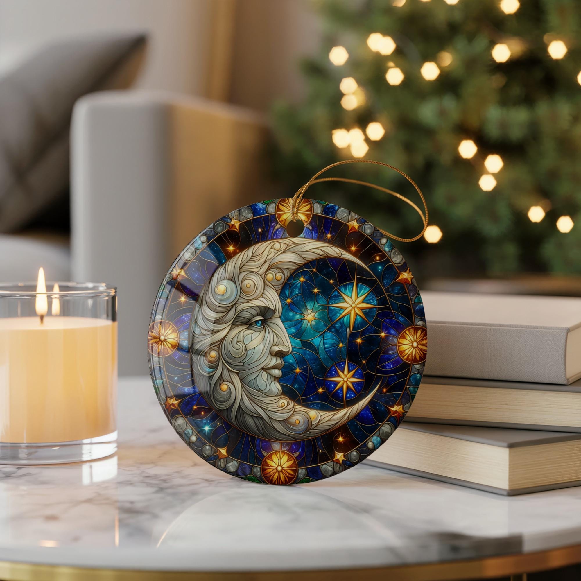 Celestial Moon Ornament, Stained Glass Style, Cosmic Decor, Night