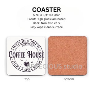 May include: A white ceramic coaster with a black and white graphic of a cauldron, bats, and the text "Witches Brew Coffee House" with the words "Elixirs & Spell Blends" surrounding the graphic. The back of the coaster is made of cork.