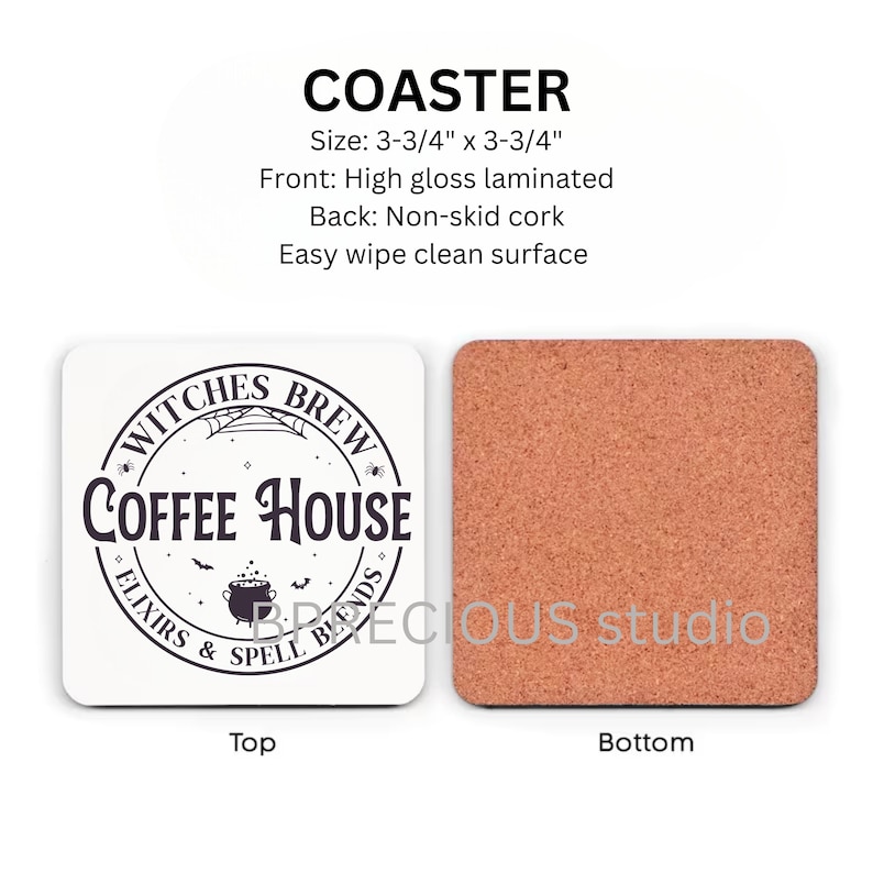 May include: A white ceramic coaster with a black and white graphic of a cauldron, bats, and the text "Witches Brew Coffee House" with the words "Elixirs & Spell Blends" surrounding the graphic. The back of the coaster is made of cork.
