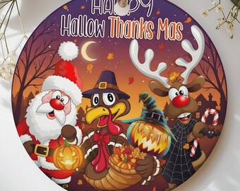Happy HallowThanksMas Holiday Ornament, Festive Fall Winter Celebration Decor, Cute Seasonal Gift Idea