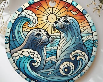 Stained Glass Seal Ornament, Ocean Waves Marine Wildlife Holiday Keepsake, Coastal Beach House Christmas Tree Decor, Gift for Seal Lover