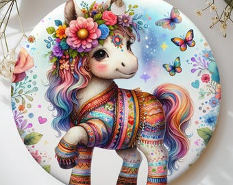 Boho Pony Ornament, Cute Floral Horse Tree Decor, Whimsical Baby Foal Keepsake, Rainbow Mane Animal Lover Holiday Gift for Daughter