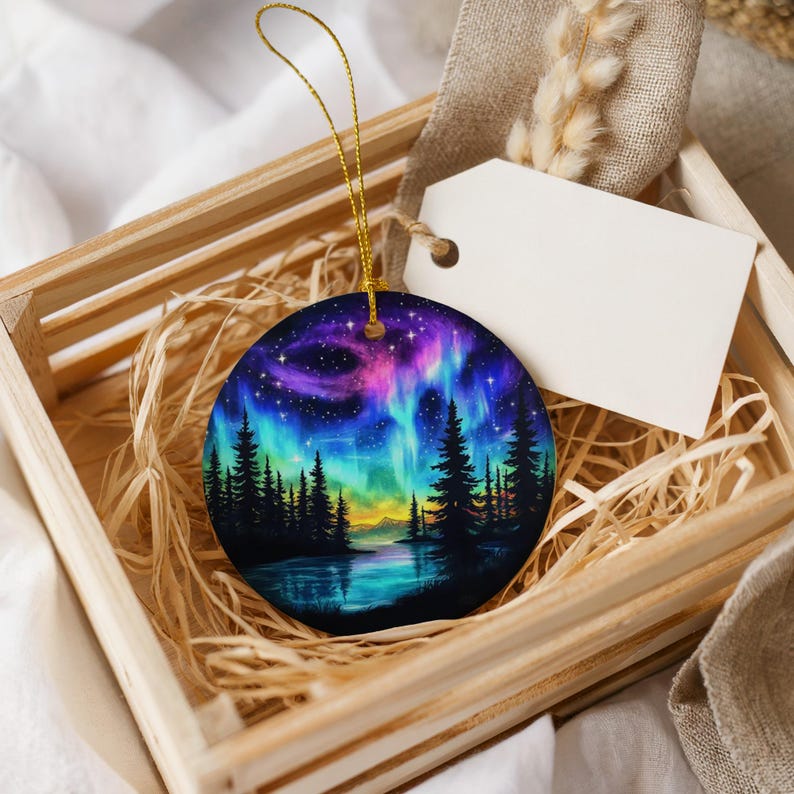 Northern Lights Forest Ornament, Aurora Borealis Decoration, Nature Inspired Christmas Tree Decor, Scenic Winter Holiday Gift Idea