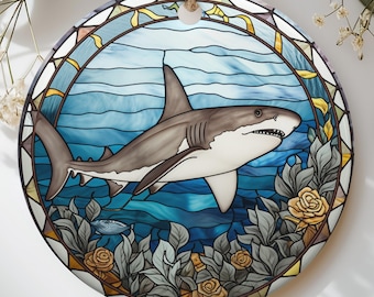 Stained Glass Shark Ornament, Ocean Theme Decor, Faux Stained Glass Style Sea Life Tree Bauble, Marine Biology Gift for Shark Lover