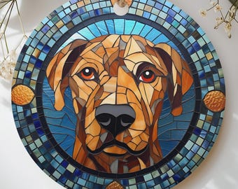 Stained Glass Dog Ornament, Mosaic Pet Christmas Decor, Rhodesian Ridgeback Lover Gift, Faux Suncatcher Dog Mom Keepsake Holiday Tree Decor