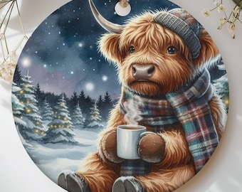 Highland Cow Christmas Ornament, Cozy Winter Baby Cow with Coffee Mug Holiday Tree Decor, Cute Farmhouse Scottish Cow Keepsake Gift