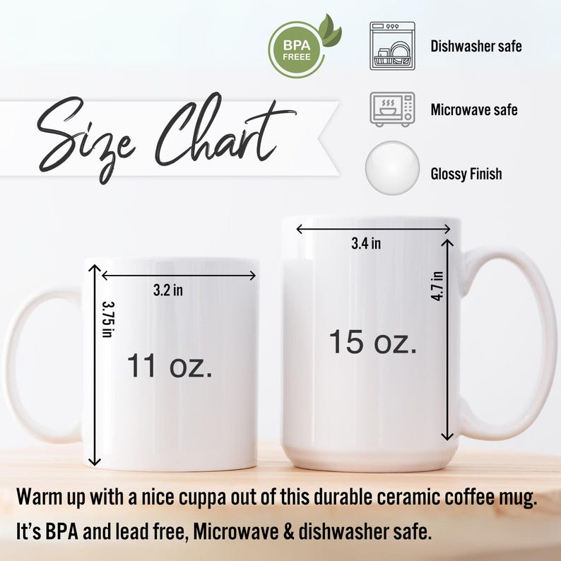 Puede incluir: Dos tazas de caf&eacute; de cer&aacute;mica blanca con medidas. La taza m&aacute;s peque&ntilde;a mide 8,1 cm de ancho y 9,5 cm de alto, con capacidad para 312 g. La taza m&aacute;s grande mide 8,6 cm de ancho y 12 cm de alto, con capacidad para 425 g. Texto: "Size Chart", "Dishwasher safe" y "Microwave safe".